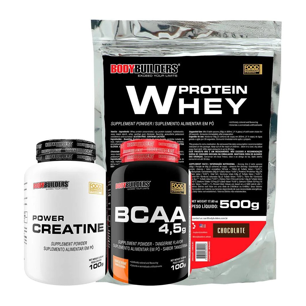 Kit BodyBuilders Whey Protein 500g Chocolate + BCAA Tangerina 100g + Creatina Power 100g