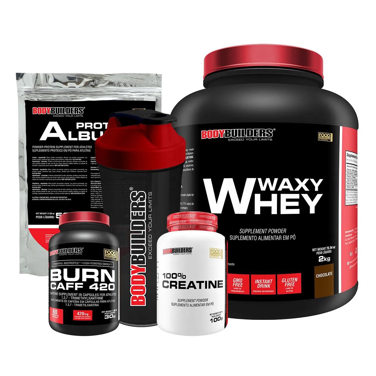 Kit Waxy Whey 2kg + Creatina 100% 100g + Burn Caff 60 cápsulas + Albumina 500g + Coqueteleira - Bodybuilders Chocolate