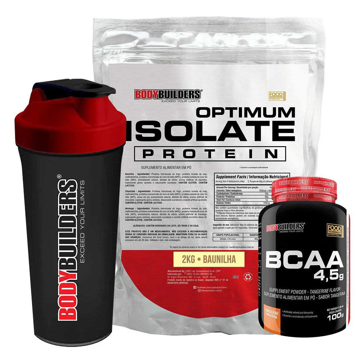 Kit Optimum Isolate Whey Protein 2kg + Bcaa 100g + Coqueteleira - Bodybuilders Chocolate