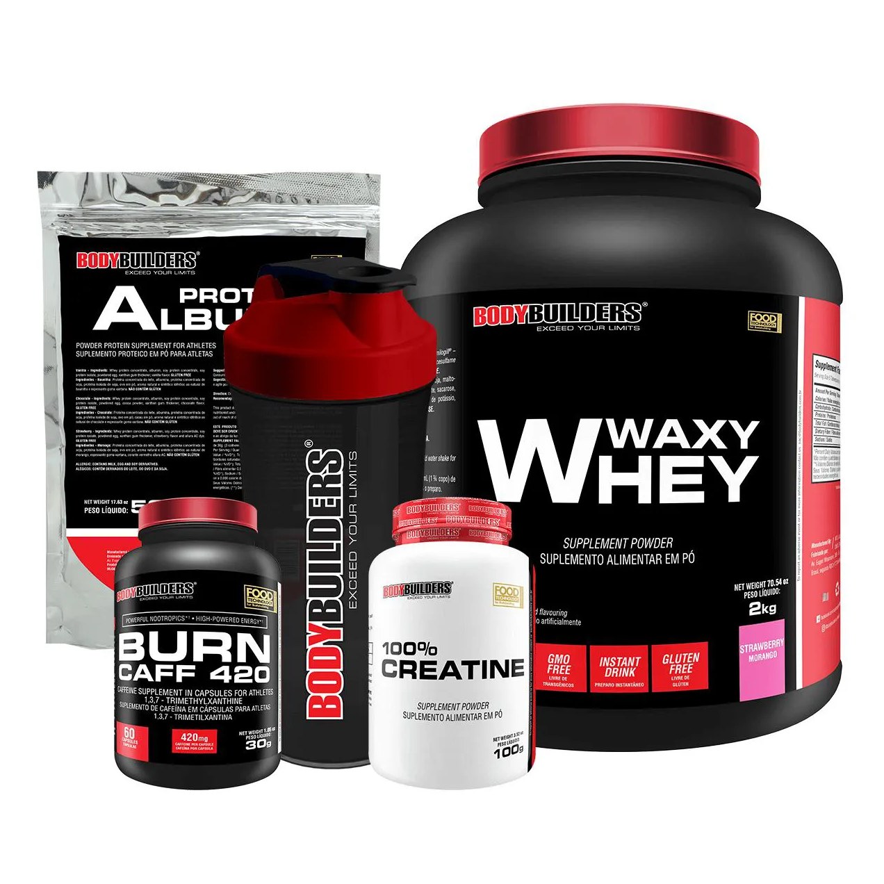 Kit Waxy Whey 2kg + Creatina 100% 100g + Burn Caff 60 cápsulas + Albumina 500g + Coqueteleira - Bodybuilders Morango
