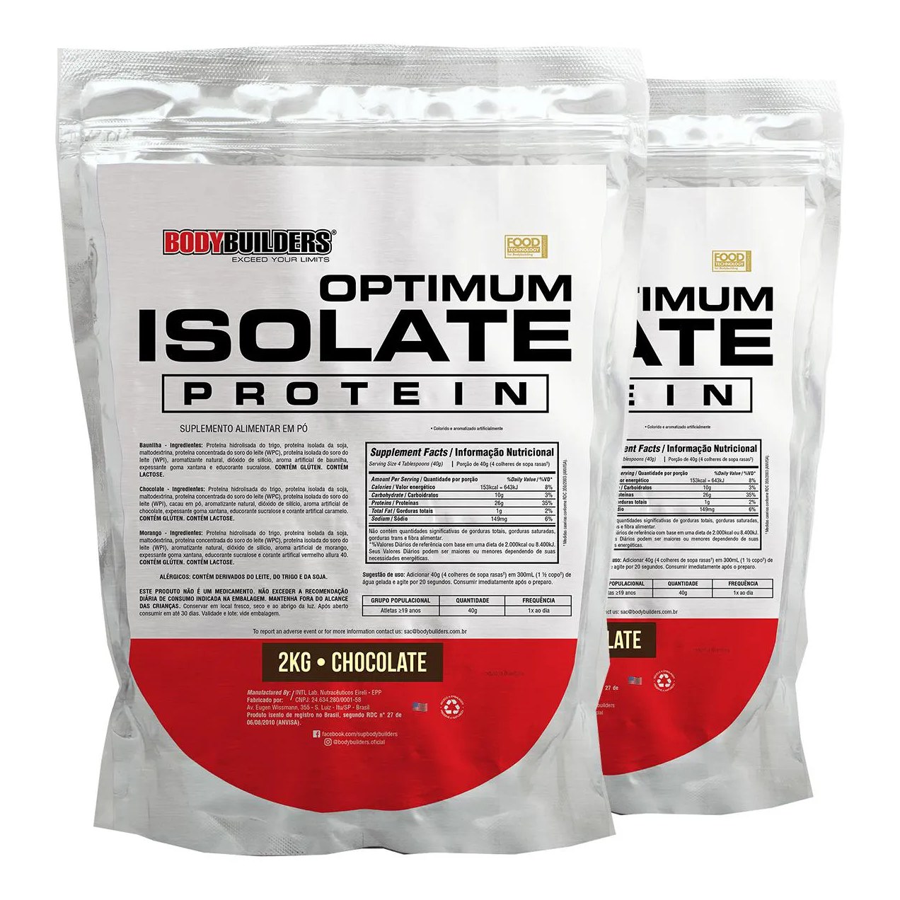 Kit 2x Whey Protein Optimum Isolate Refil 2kg - Kit para Ganho de Massa Muscular e Resistência - Bodybuilders Chocolate