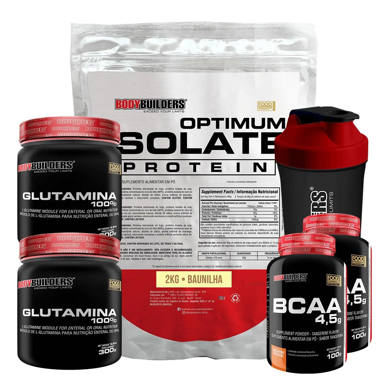 Kit Optimum Isolate Whey Protein 2kg + 2x Bcaa 100g + 2x Glutamina 300g + Coqueteleira - Bodybuilders Baunilha