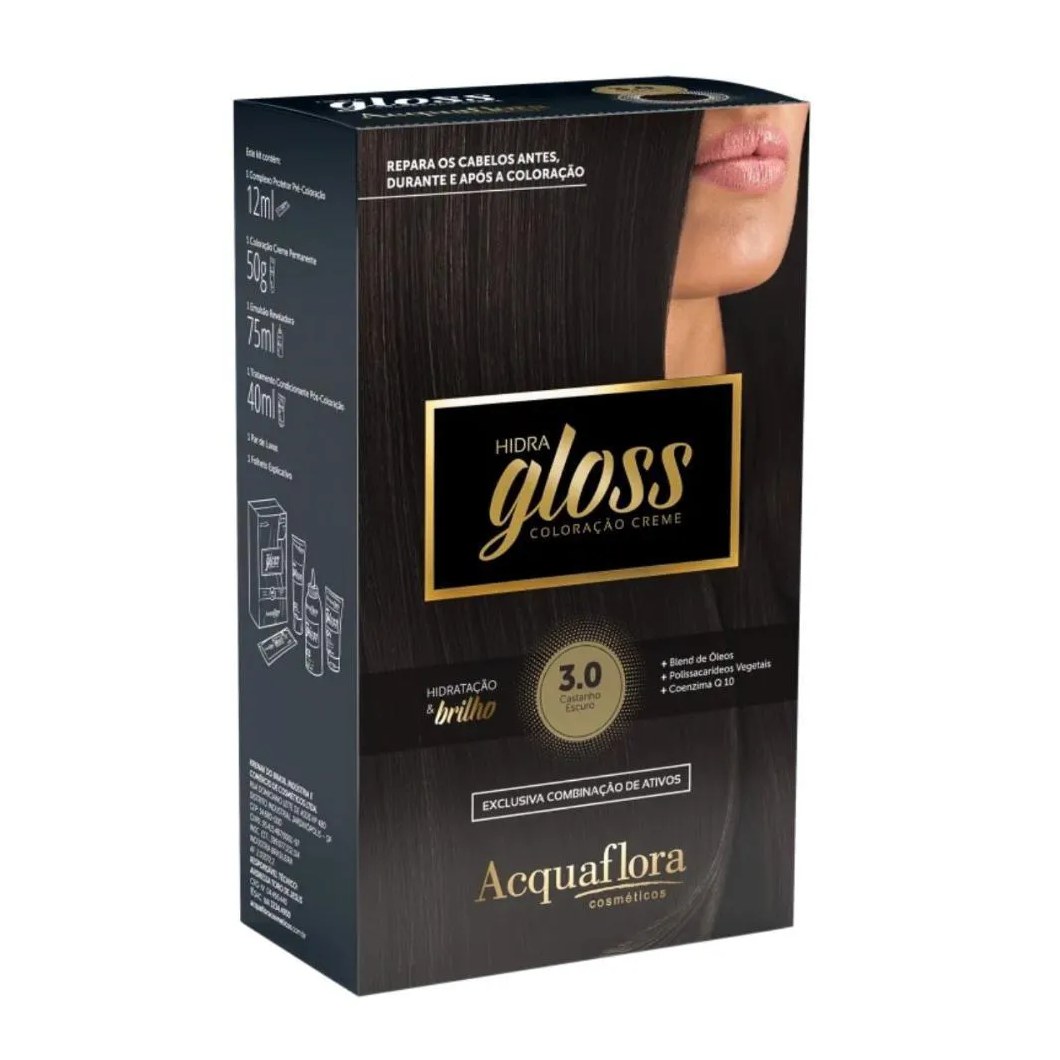 Coloração Creme Acquaflora Kit Hidra Gloss 3.0 Castanho Escuro