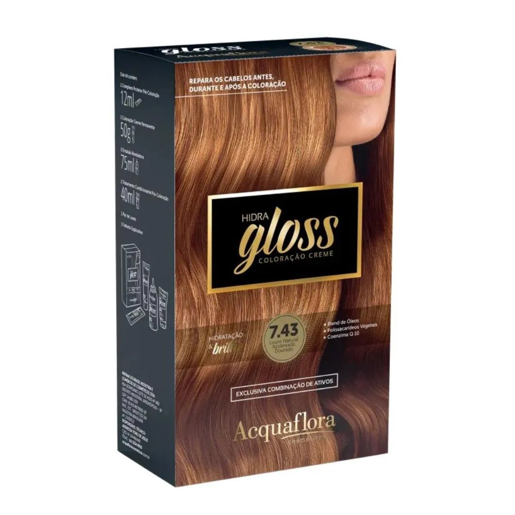 Coloração Creme Acquaflora Kit Hidra Gloss 7.43 Louro Natural Acobreado Dourado