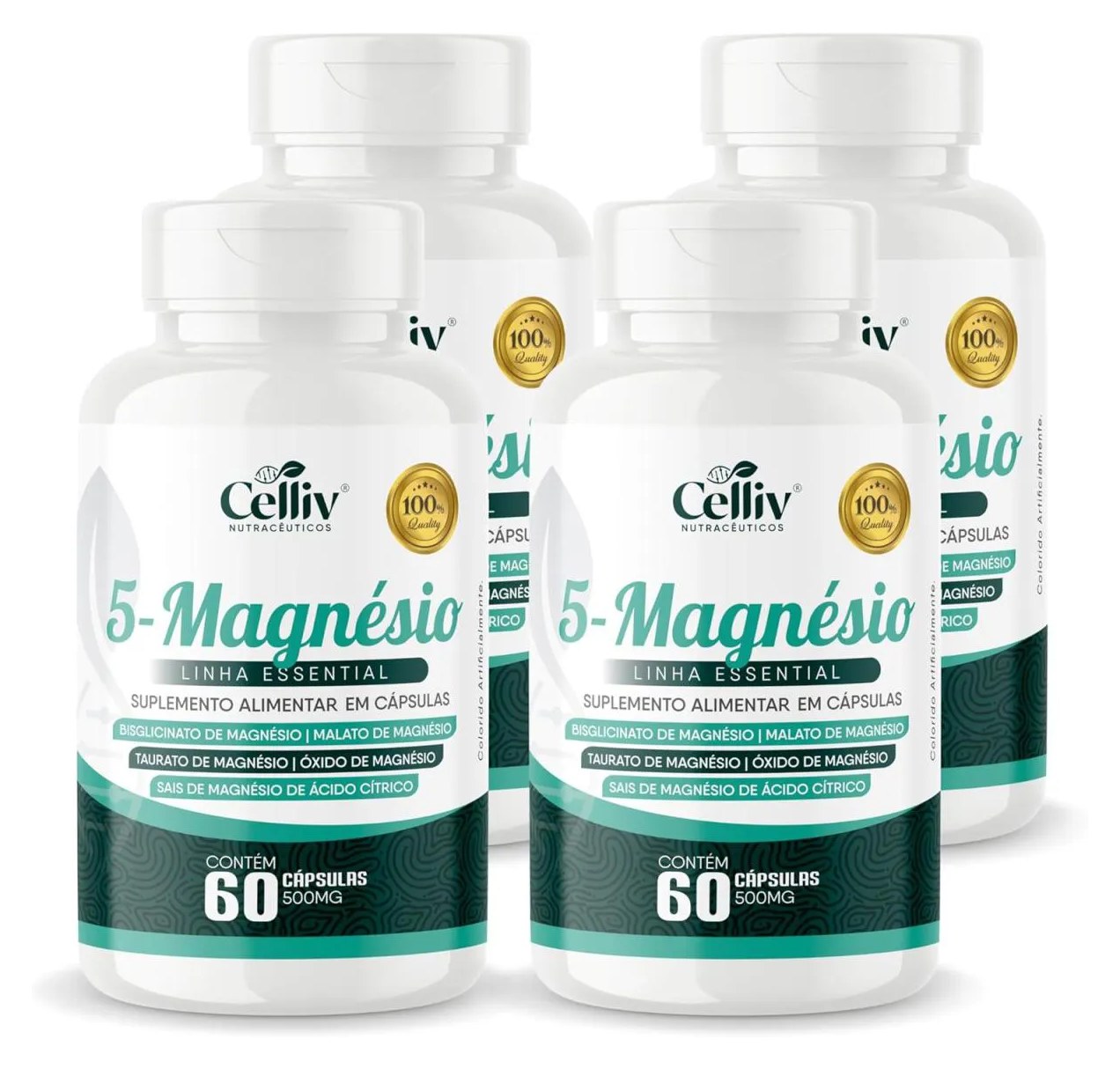 4X 5-MAGNéSIO (BISGLICINATO, MALATO, TAURATO, ÓXIDO E SAIS DE MAGNéSIO) 60 CAPS 500MG CELLIV