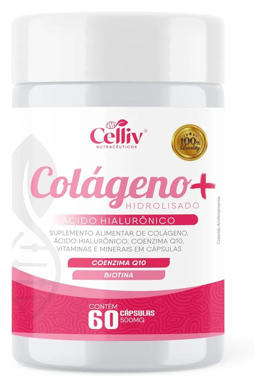 Colágeno Hidrolisado + Ácido Hialurônico + Coenzima Q10 + Biotina e Vitams 60 cápsulas Celliv