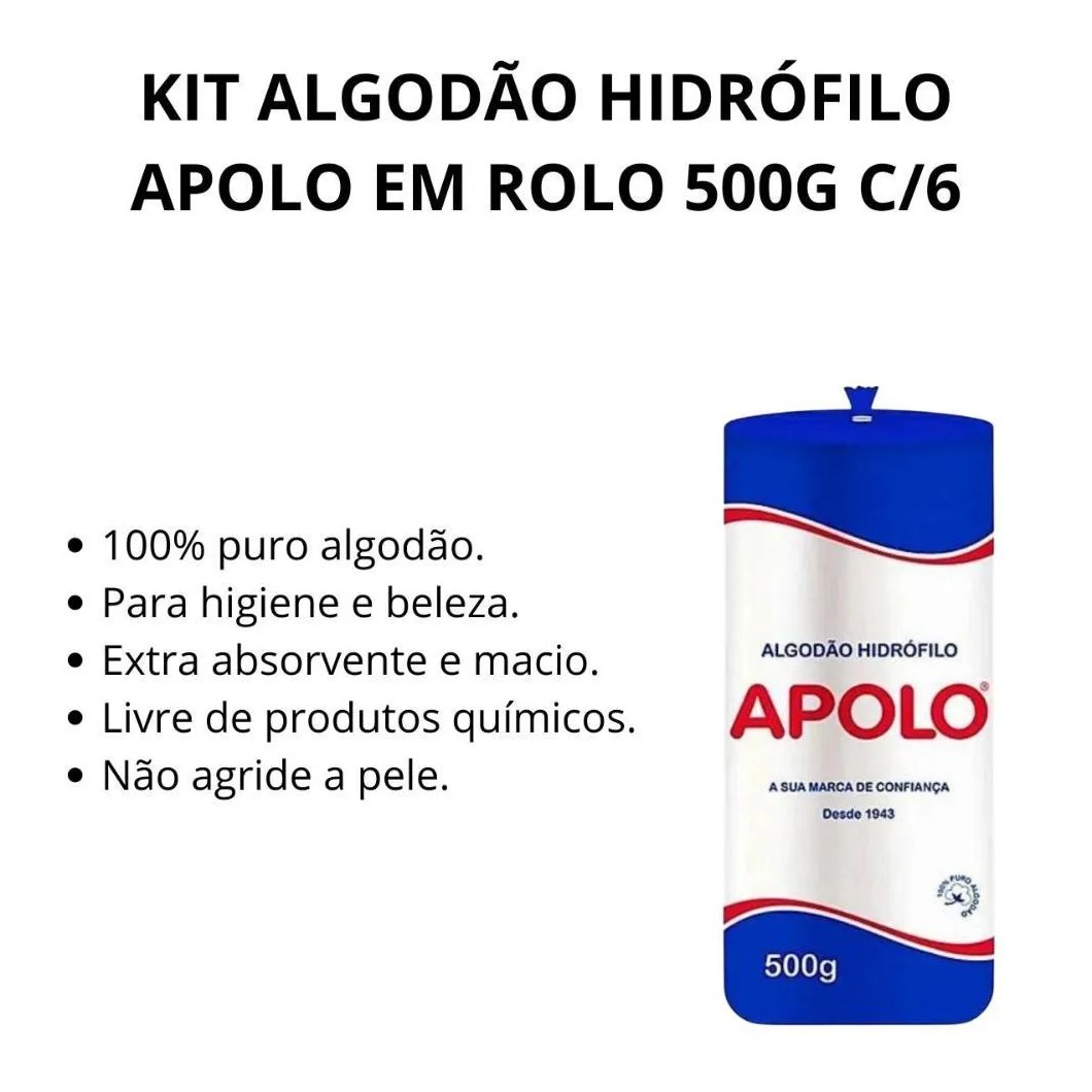 Kit Algodão Hidrófilo Apolo em Rolo 500g C/6