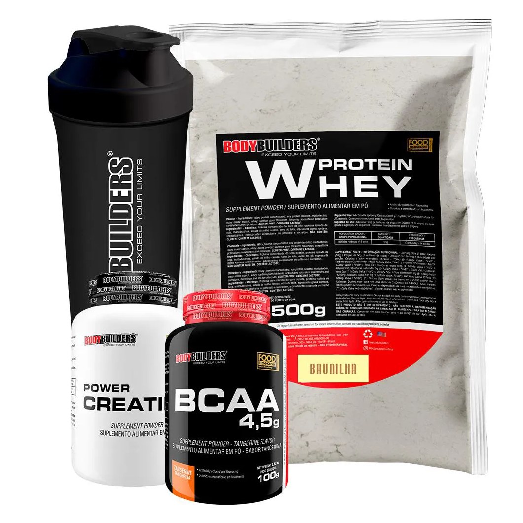 Kit Whey Protein 500g + Bcaa 4,5 100g + Power Creatine 100g + Coqueteleira – Bodybuilders Baunilha