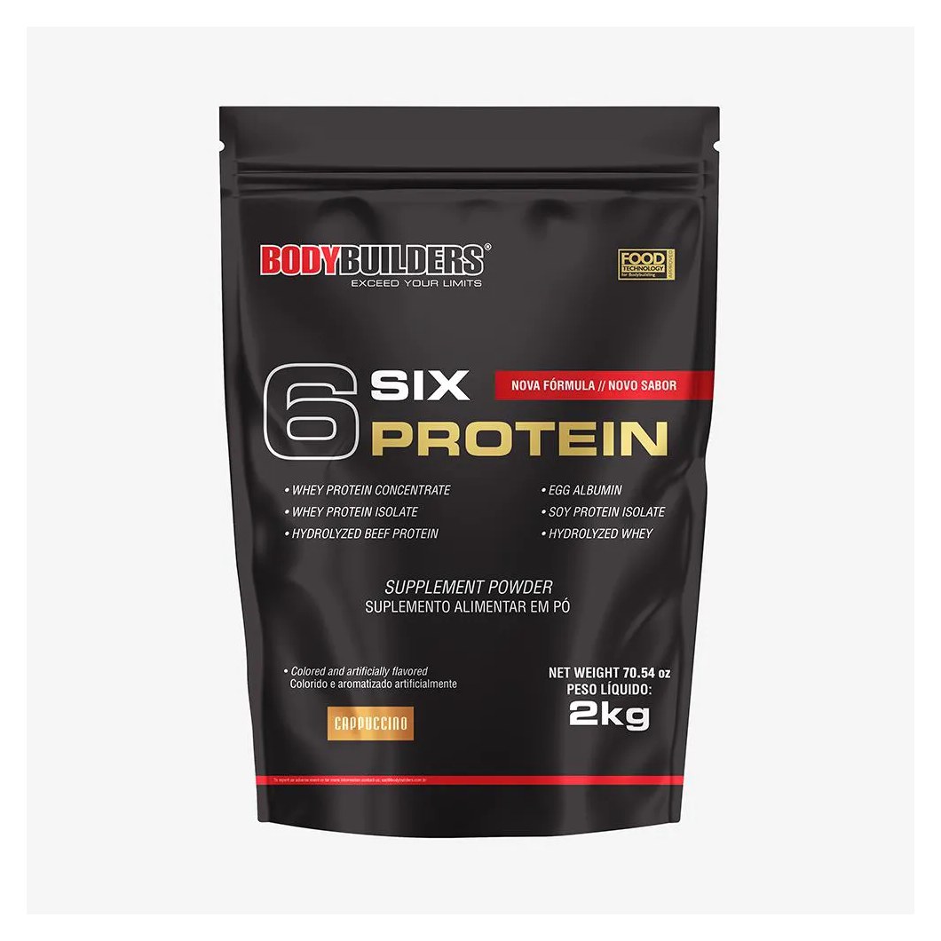 Whey Protein Concentrado 6 Six Protein 2kg - Ganho de Massa Muscular Magra e Força Muscular – Bodybuilders Cappuccino