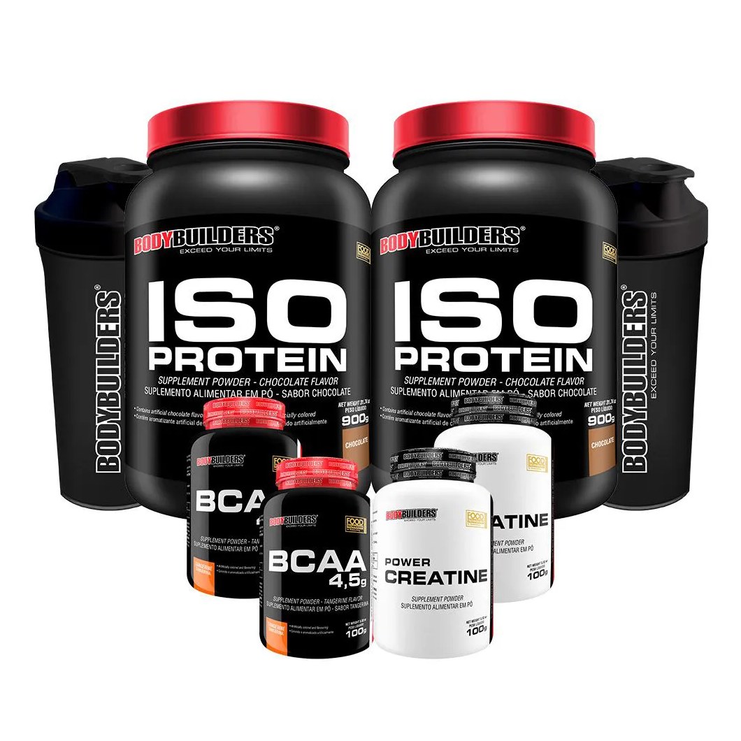 Kit 2x Iso Protein 900g + 2x Bcaa 4.5 100g + 2x Power Creatina 100g + 2x Coqueteleira - Bodybuilders Chocolate