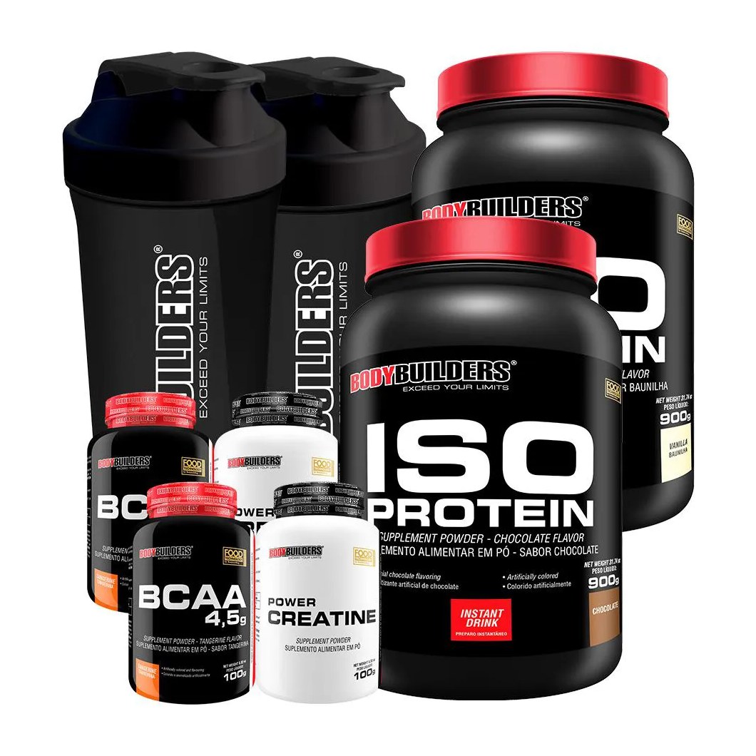 Kit 2x Iso Protein 900g + 2x Bcaa 4.5 100g + 2x Power Creatina 100g + 2x Coqueteleira - Bodybuilders Chocolate e Baunilha