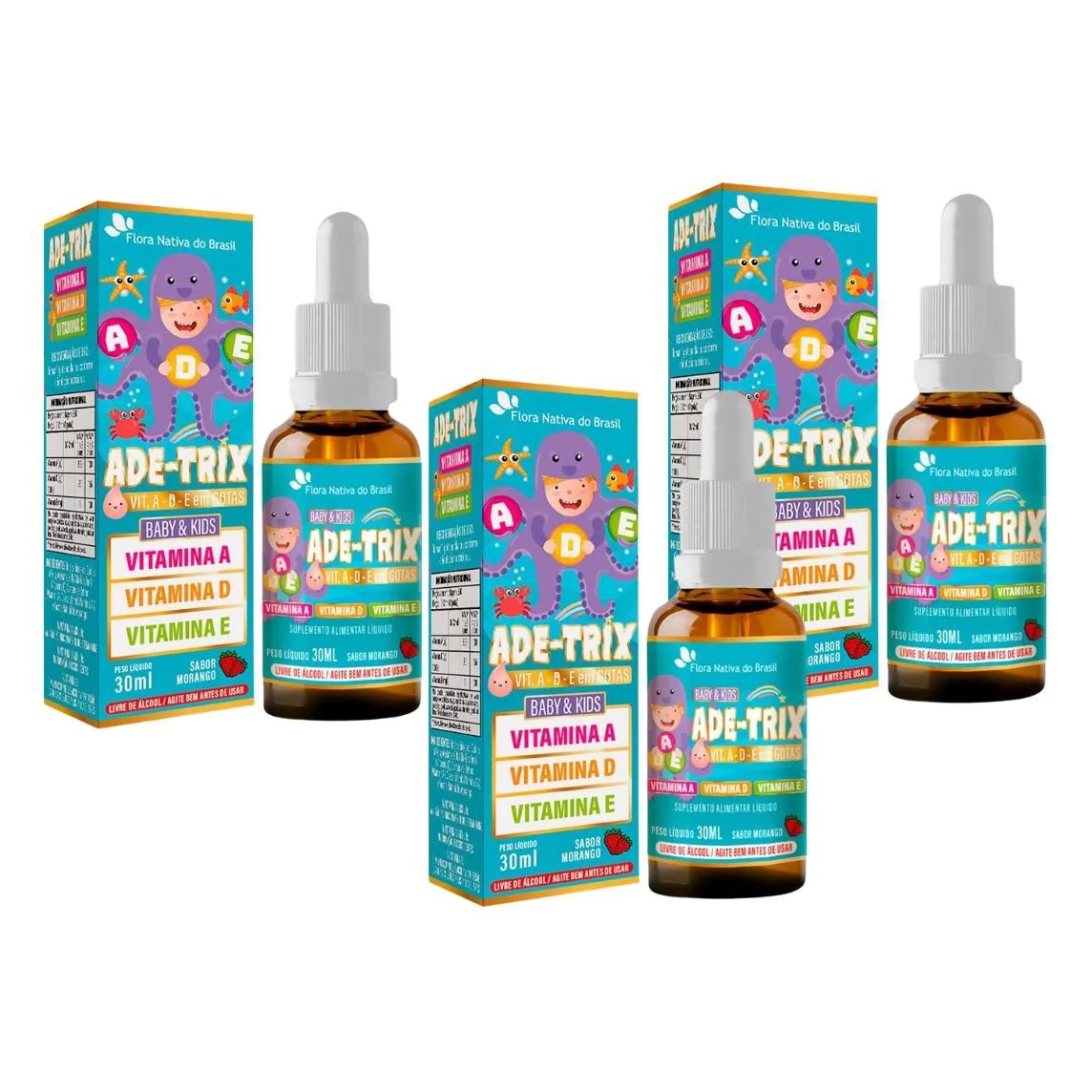3x Ade-trix Kids (vitamina A, D e E) Sabor Morango 30ml Flora Nativa