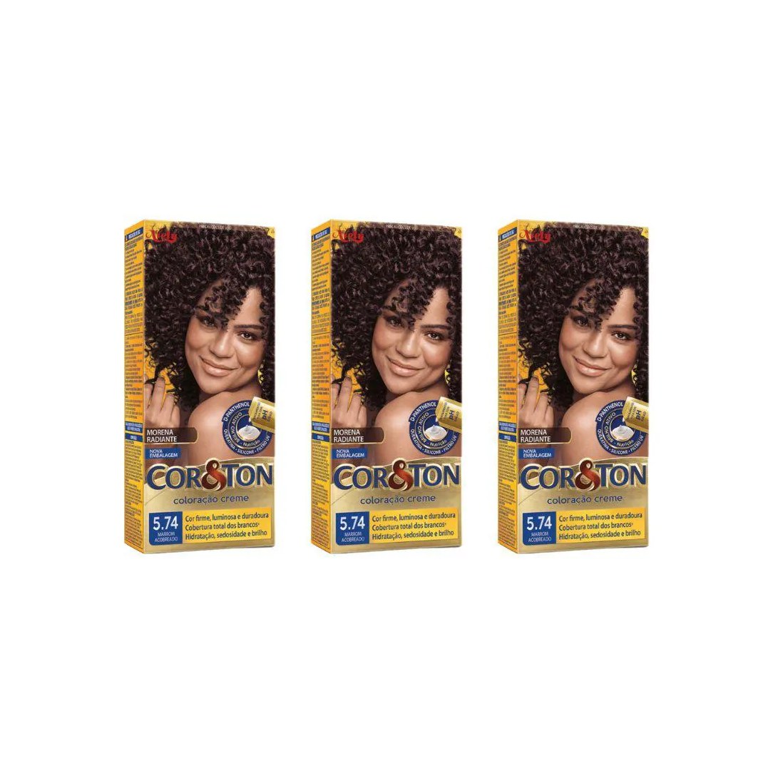 Coloraçao Cor&ton 5.74 Marrom Acobreado 50g - Kit C / 3