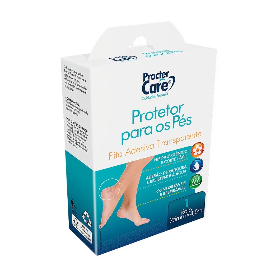 Fita Adesiva Protetora Para Os Pés Procter Care Com 1 Rolo De 25mm X 4,5m