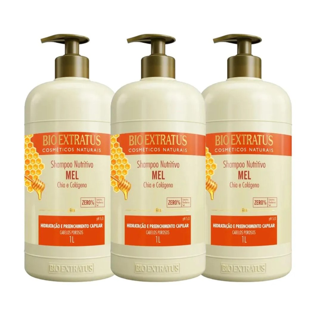 Kit 3 Shampoo Mel Nutritivo 1L Bio Extratus