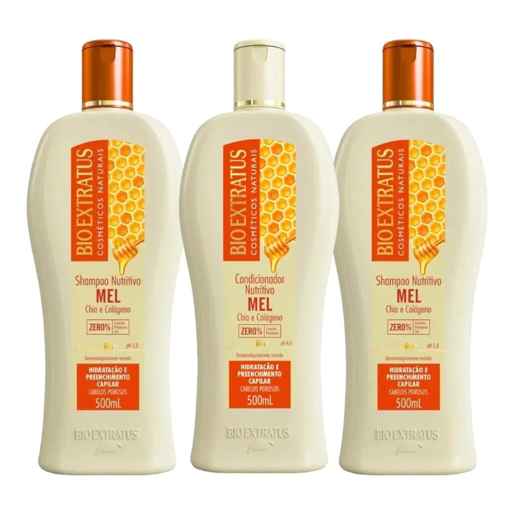 Kit 2 Shampoo 1 Condicionador Mel Nutritivo 500 Ml Bio Extratus