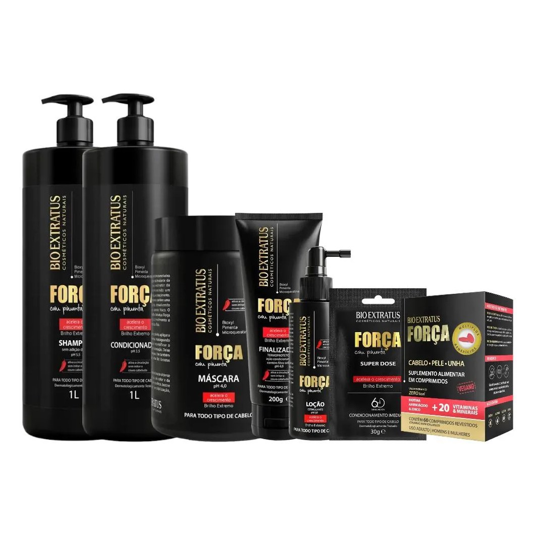 Kit Força com Pimenta 7 Itens 1 Shamp 1 Cond 1L 1 Másc 1L 1 Final 1 Loção 1 Dose 1 Sup