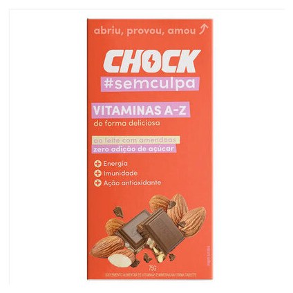 Suplemento Alimentar Tablete Chocolate Ao Leite Com Amêndoas Chock Vitaminas A Z Caixa 75g