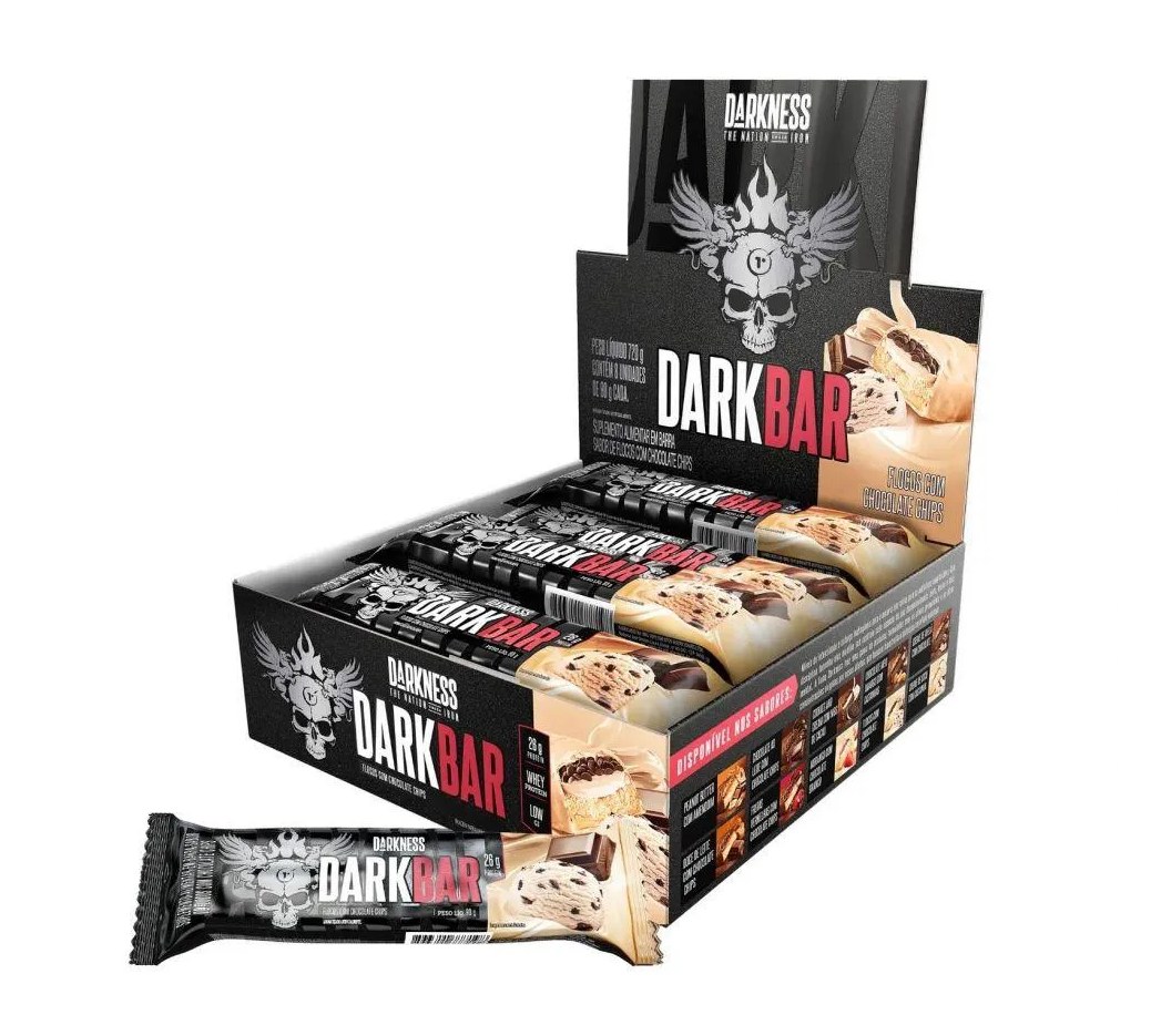 Dark Bar Caixa 8 unidades (720g) – Nova Embalagem – Sabor: Flocos c/ Chocolate Chips