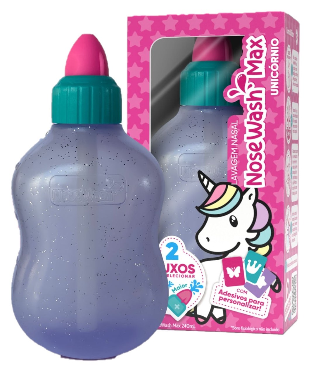 Dispositivo de Lavagem Nasal Nosewash Max Unicórnio 240ml + Adesivos para Personalizar