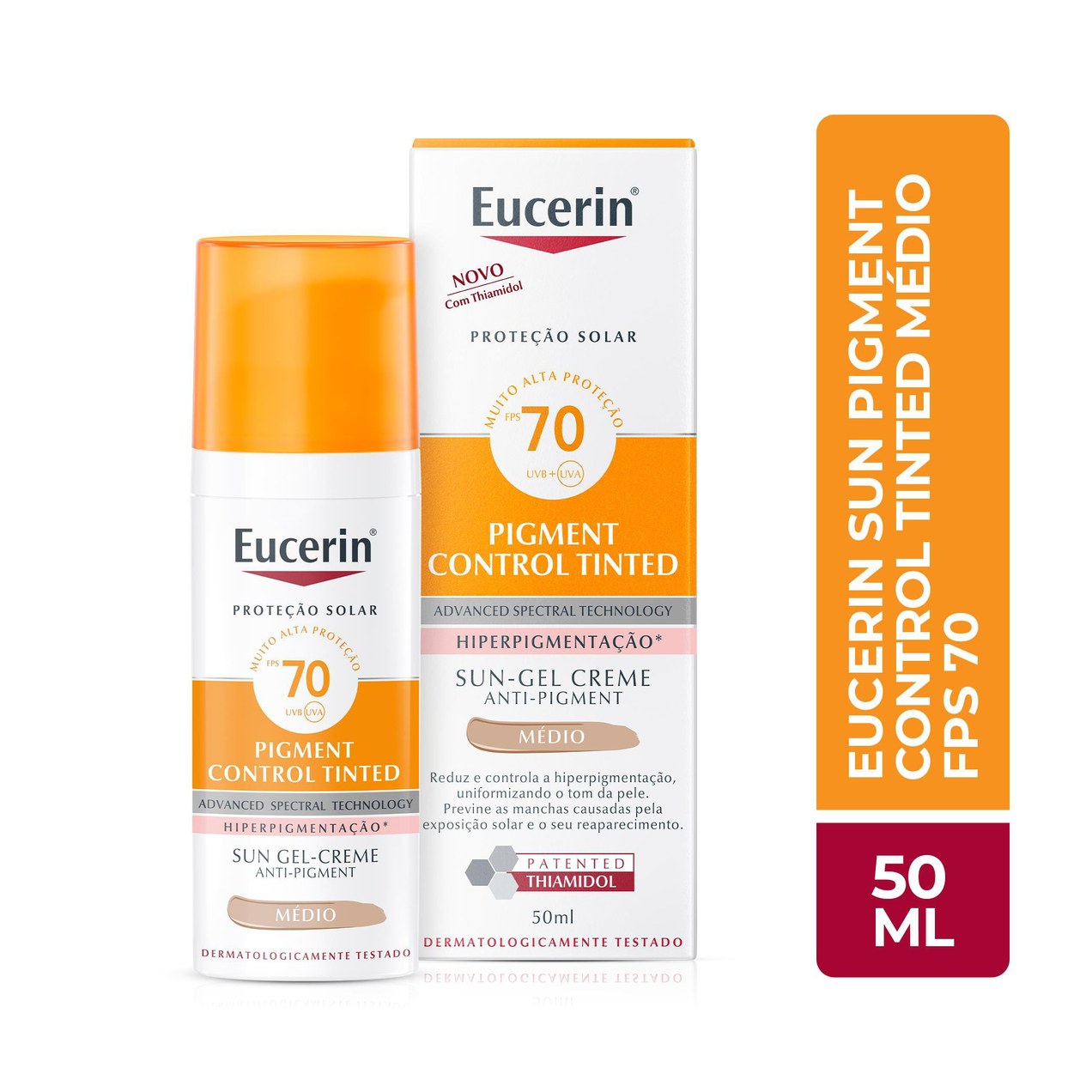 Protetor Solar Facial Eucerin Sun Pigment Control Tinted FPS70 Gel Creme Tom Médio 50ml
