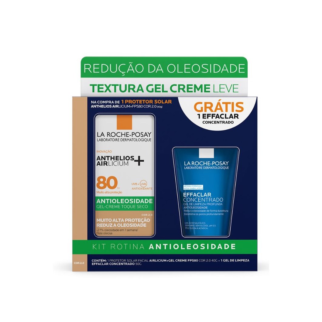 Kit La Roche-Posay Protetor Solar Facial Anthelios Airlicium+ FPS80 Cor 2,0 40g 1 Uni + Gel de Limpeza Effaclar Concentrado 50g 1 Uni