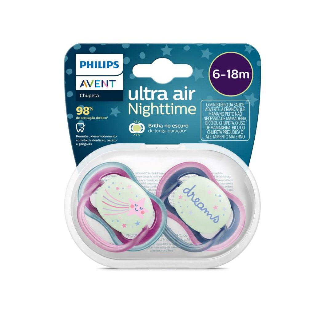 Chupeta Philips Avent Ultra Air Nigthtime +6 meses Azul e Rosa 2 Unidades