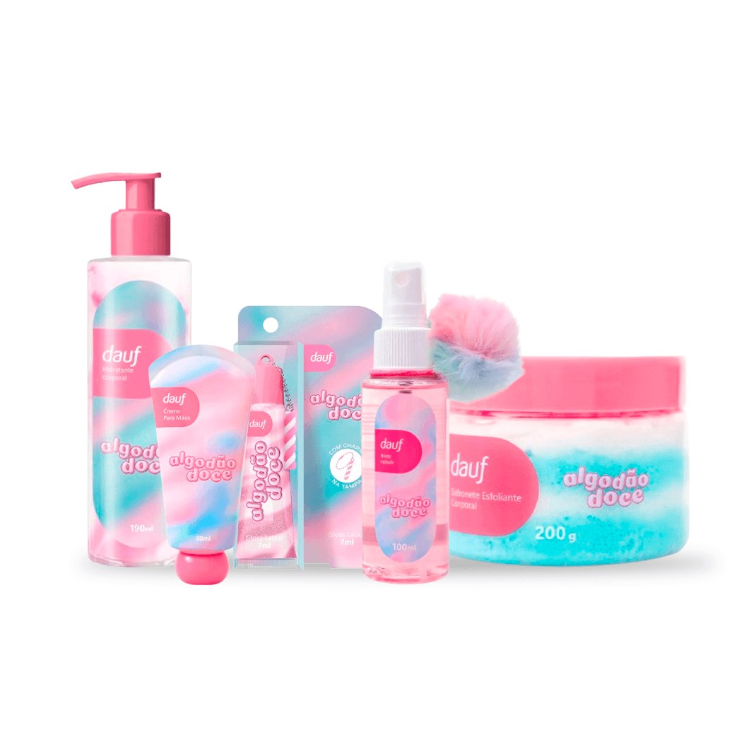 Kit Dauf Algodão Doce Sabonete Corporal 200g + Hidratante Para Mãos 50ml + Gloss Labial 7ml Rosa + Hidratante Corporal 190ml + Body Splash 100ml