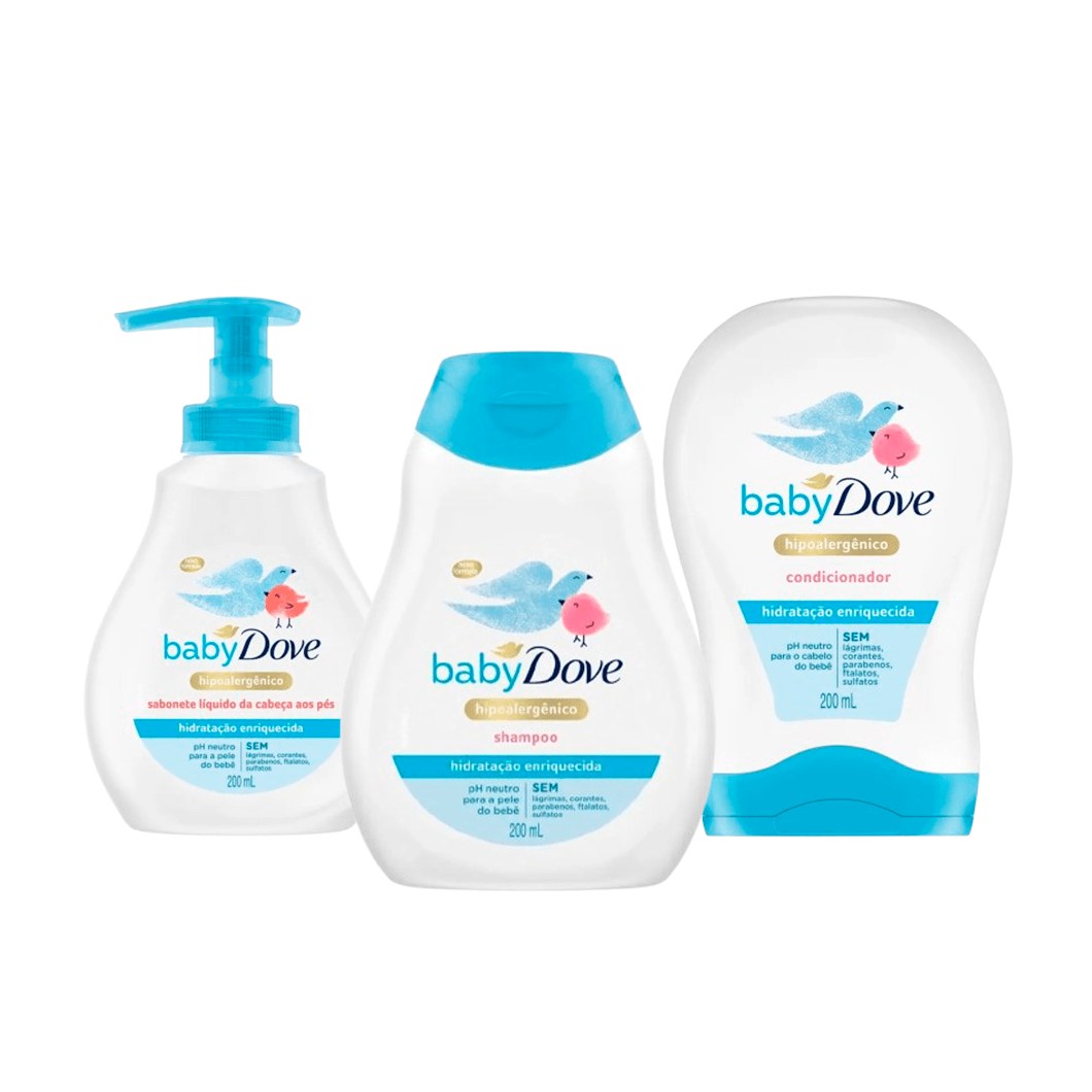 Kit Infantil Dove Hidratação Sabonete Líquido 200ml + Shampoo 200ml + Condicionador 200ml