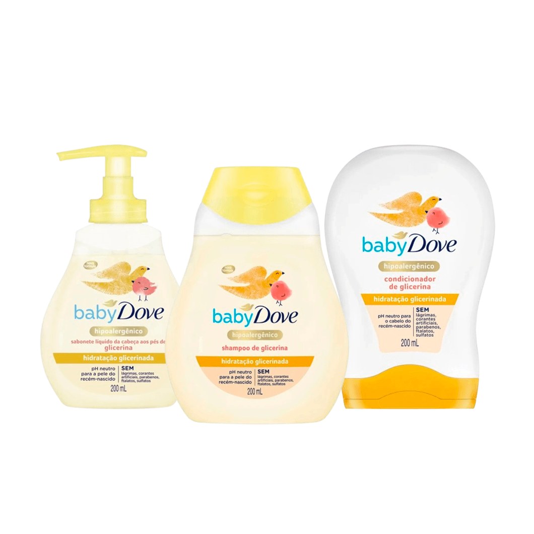 Kit Infantil Dove Hidratação Glicerinada Sabonete Líquido 200ml + Shampoo 200ml + Condicionador 200ml