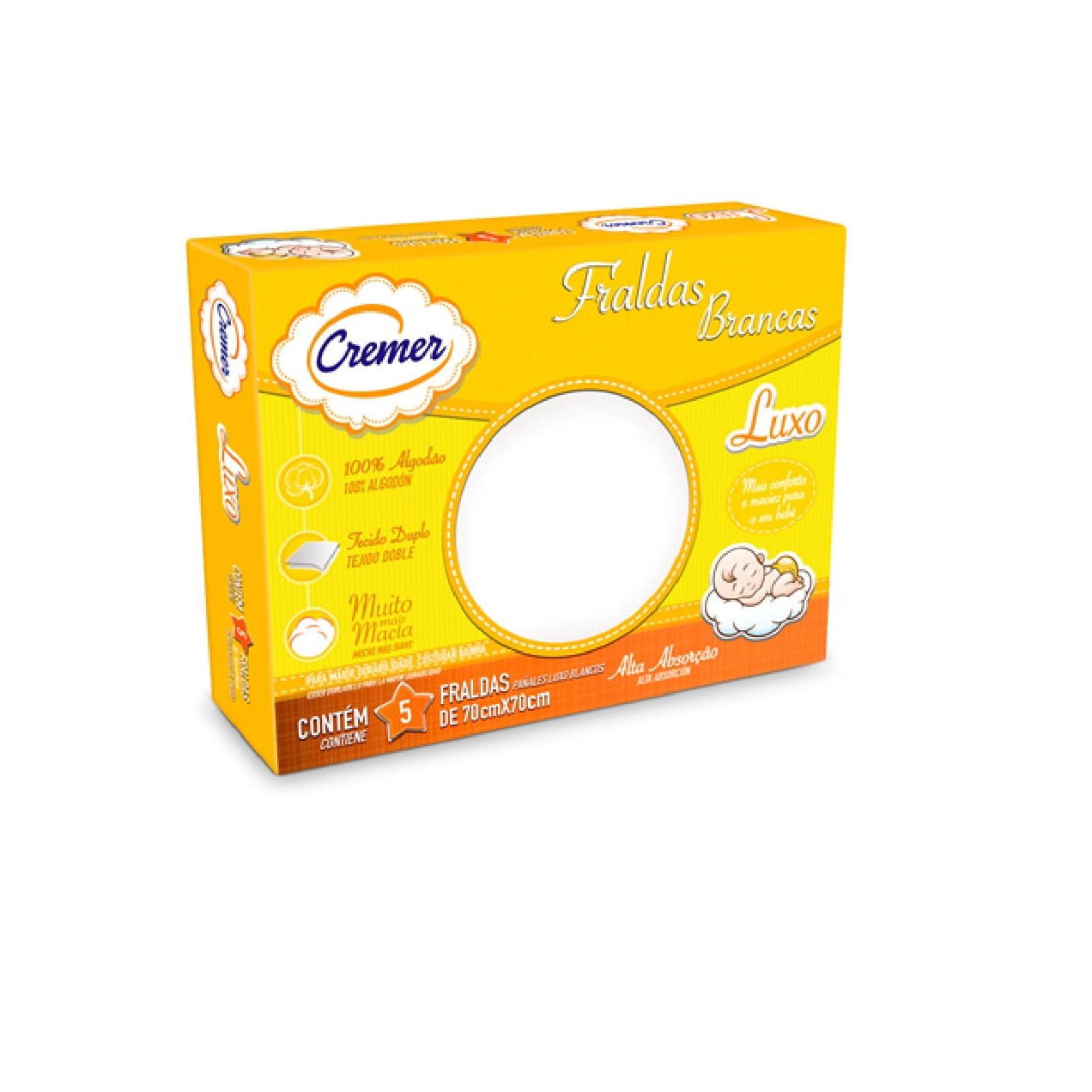 Fralda de Pano Cremer Luxo Branco 70cm x 70cm 5 Unidades