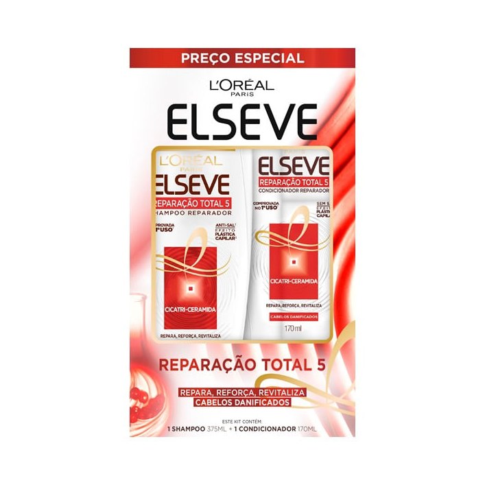 Kit Shampoo Elseve Reparação Total 5 375ml 1 Unidade + Condicionador Elseve Reparação Total 5 170ml 1 Unidade