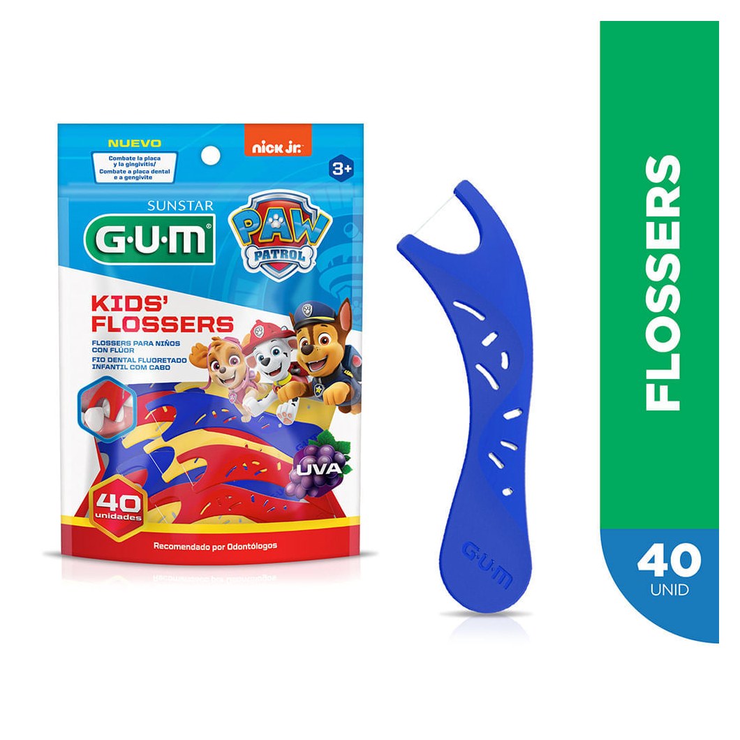 Fio Dental Infantil GUM Flosser Patrulha Canina com Flúor Sabor Uva 40 Unidades