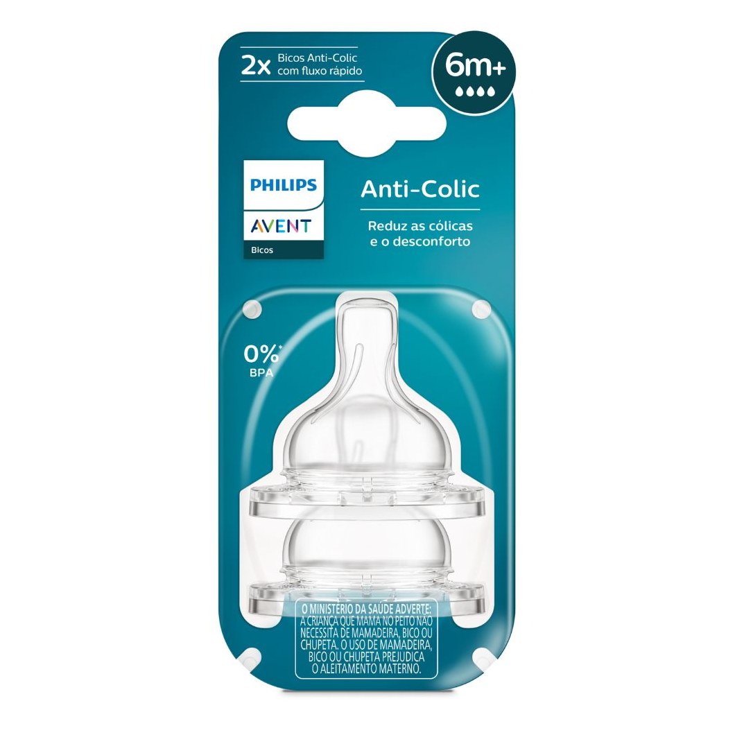 Bico para Mamadeira Philips Avent Classic +6 meses Anti Cólica Fluxo Rápido Silicone Tamanho 4 2 Unidades