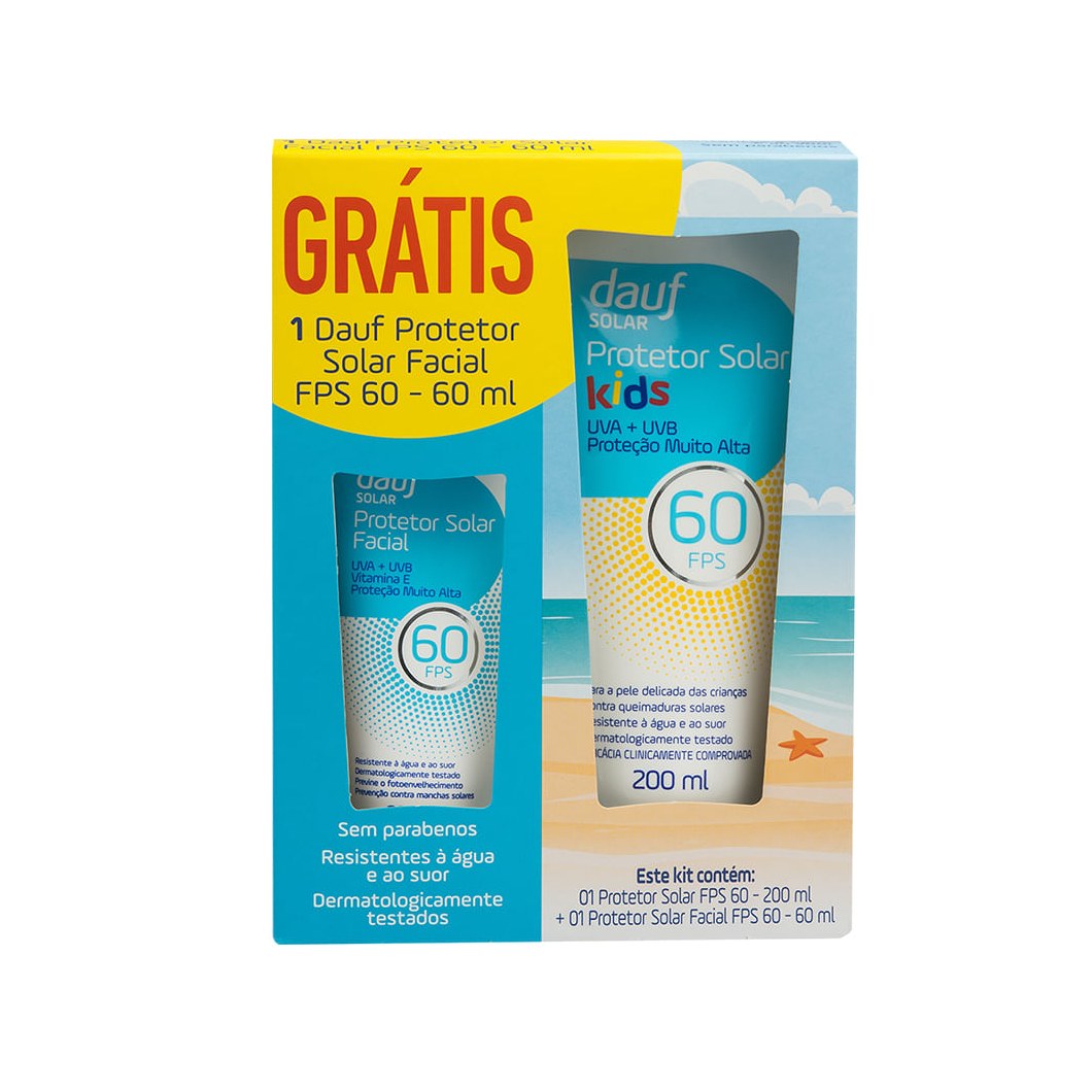 Protetor Solar Dauf Kids Fps60 200ml Gratis Protetor Solar Facial Fps60 60ml