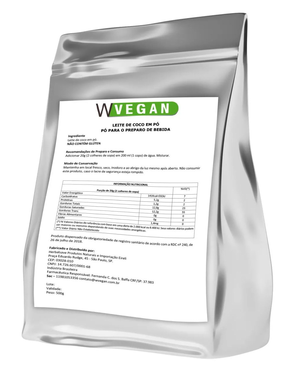 Leite de Coco em Pó 1kg Embalagem Refil Wvegan Vegano